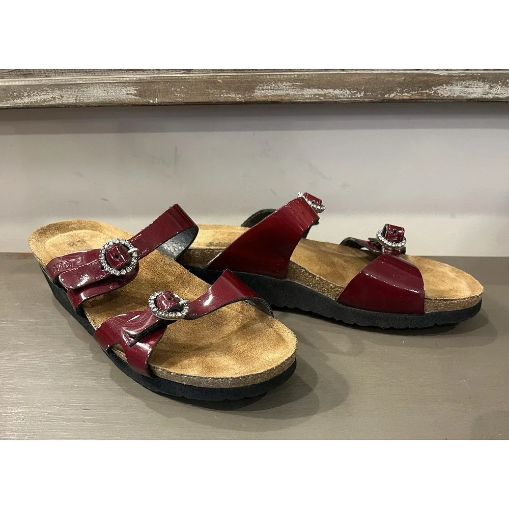 Naot Women's Size 38 US‎ 7 Wedge Sandals Red Leather Double Strap Buckle